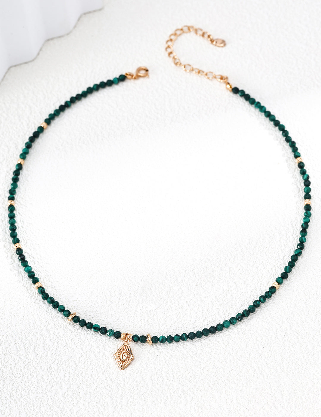 S925 Sterling Silver Malachite Beaded Choker Necklace | Vintage Gold Moon Engraved Pendant Adjustable Necklace