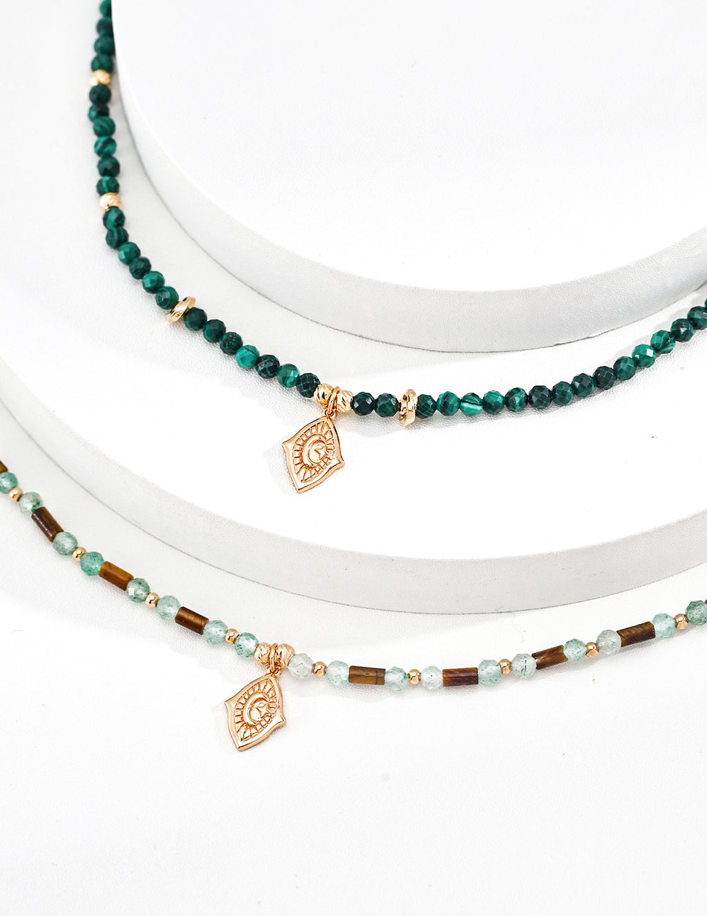 S925 Sterling Silver Malachite Beaded Choker Necklace | Vintage Gold Moon Engraved Pendant Adjustable Necklace