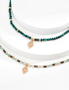 S925 Sterling Silver Malachite Beaded Choker Necklace | Vintage Gold Moon Engraved Pendant Adjustable Necklace