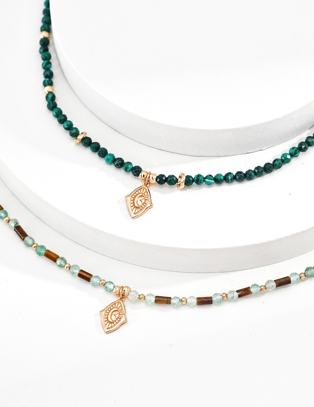 S925 Sterling Silver Malachite Beaded Choker Necklace | Vintage Gold Moon Engraved Pendant Adjustable Necklace