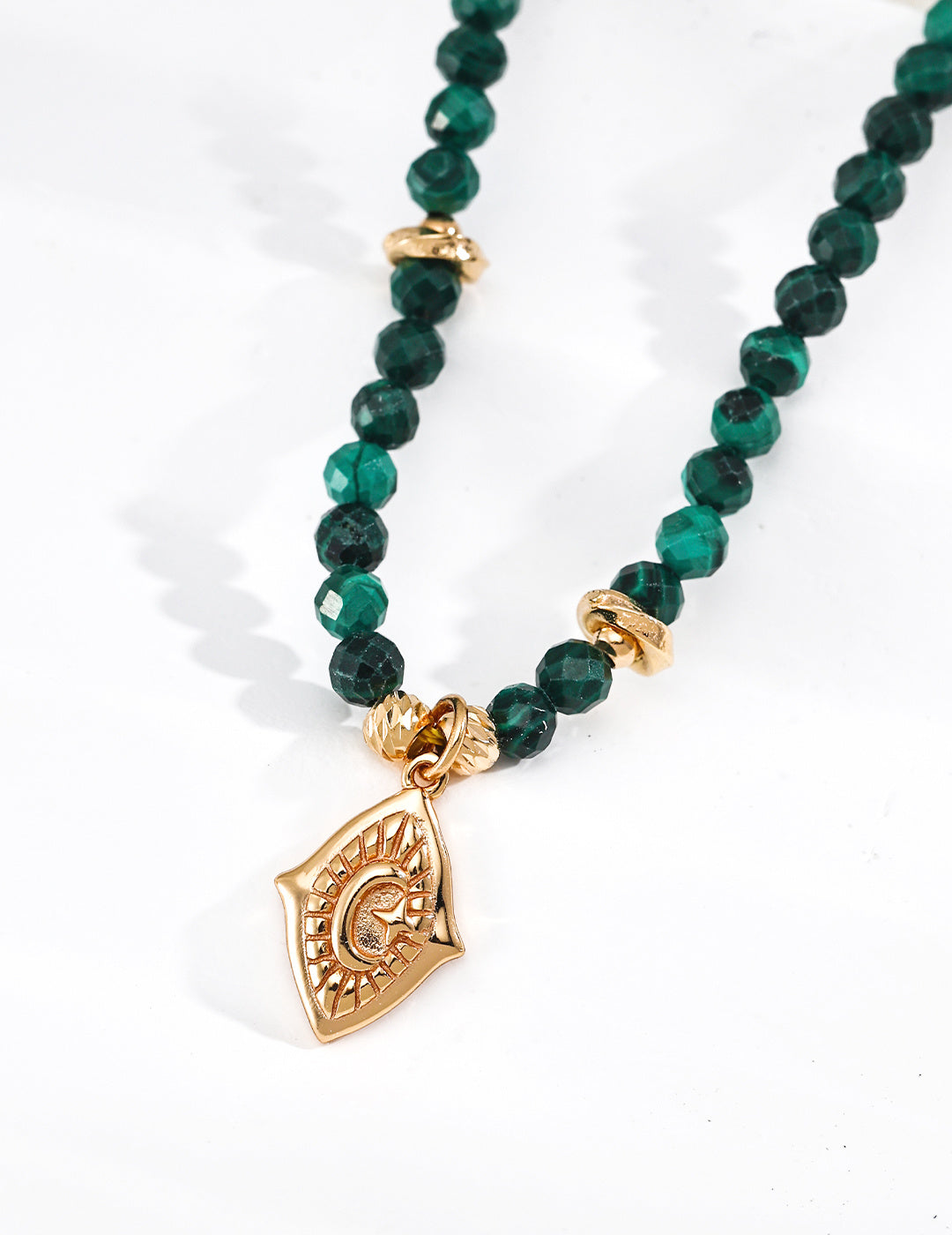 S925 Sterling Silver Malachite Beaded Choker Necklace | Vintage Gold Moon Engraved Pendant Adjustable Necklace
