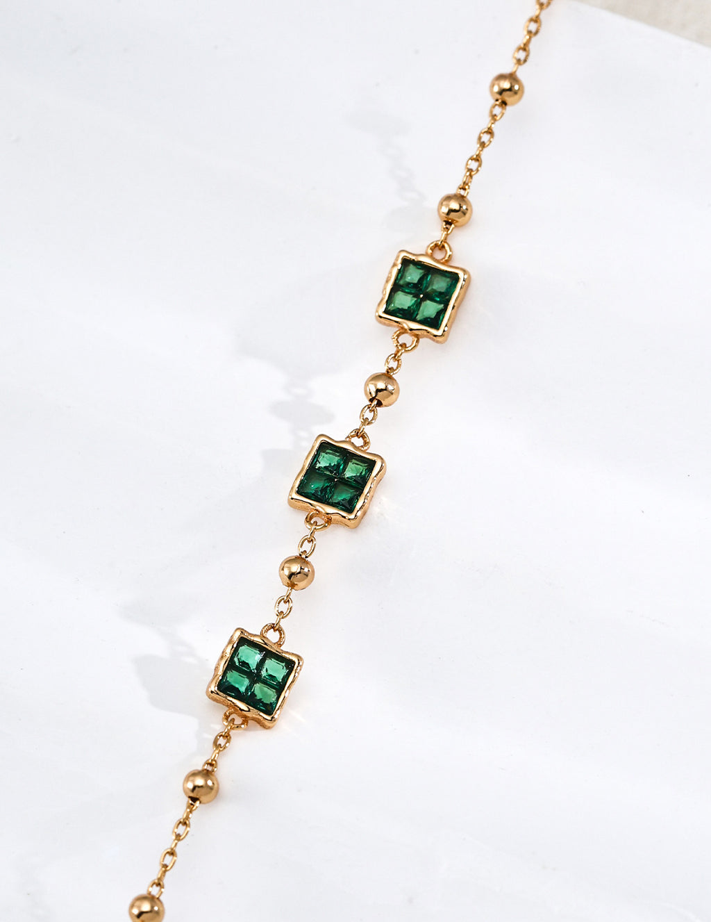 S925 Sterling Silver Square Green Cubic Zirconia Beaded Bracelet | Vintage Gold Adjustable Bracelet