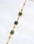 S925 Sterling Silver Square Green Cubic Zirconia Beaded Bracelet | Vintage Gold Adjustable Bracelet