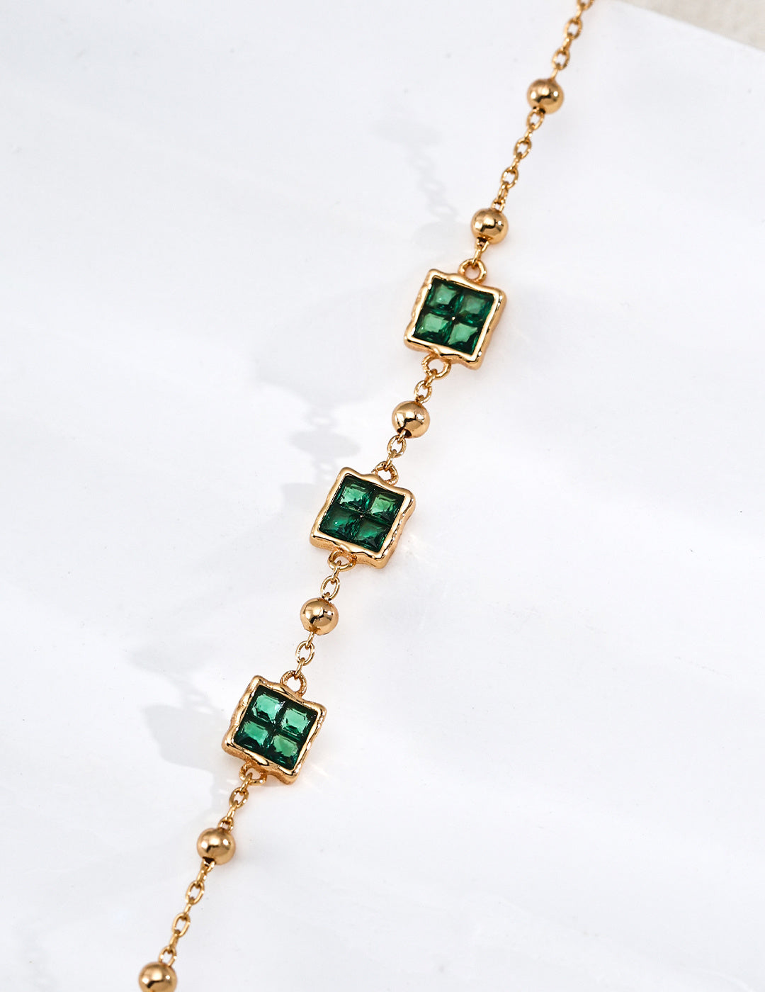 S925 Sterling Silver Square Green Cubic Zirconia Beaded Bracelet | Vintage Gold Adjustable Bracelet
