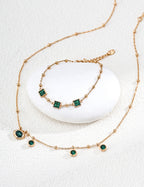 S925 Sterling Silver Square Green Cubic Zirconia Beaded Bracelet | Vintage Gold Adjustable Bracelet