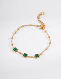 S925 Sterling Silver Square Green Cubic Zirconia Beaded Bracelet | Vintage Gold Adjustable Bracelet