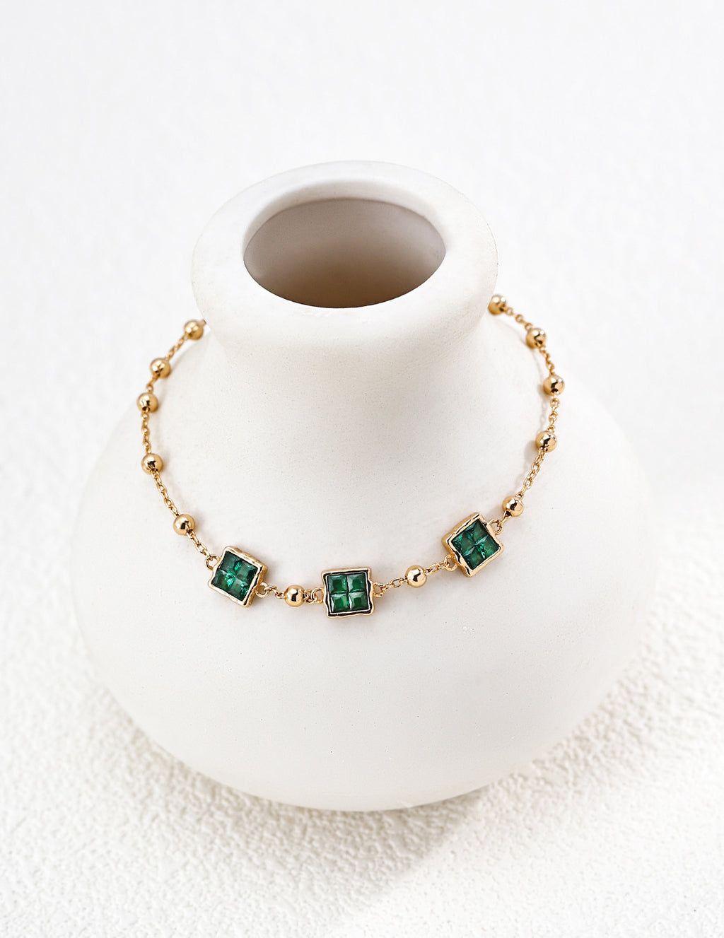 S925 Sterling Silver Square Green Cubic Zirconia Beaded Bracelet | Vintage Gold Adjustable Bracelet