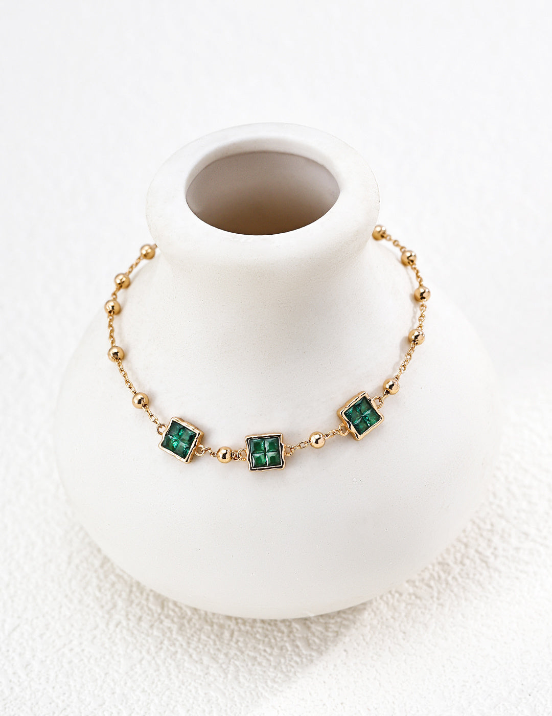 S925 Sterling Silver Square Green Cubic Zirconia Beaded Bracelet | Vintage Gold Adjustable Bracelet