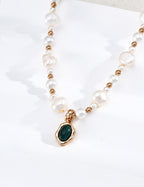 S925 Sterling Silver Natural Freshwater Pearl & Malachite Necklace | Vintage Gold Flowing Series Adjustable Choker