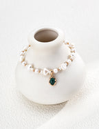 S925 Sterling Silver Natural Freshwater Pearl & Malachite Bracelet | Vintage Gold Flowing Series Adjustable Bracelet