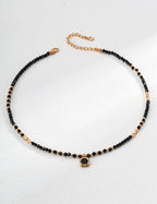 S925 Sterling Silver Black Onyx Beaded Choker Necklace | Adjustable Gemstone Pendant Necklace