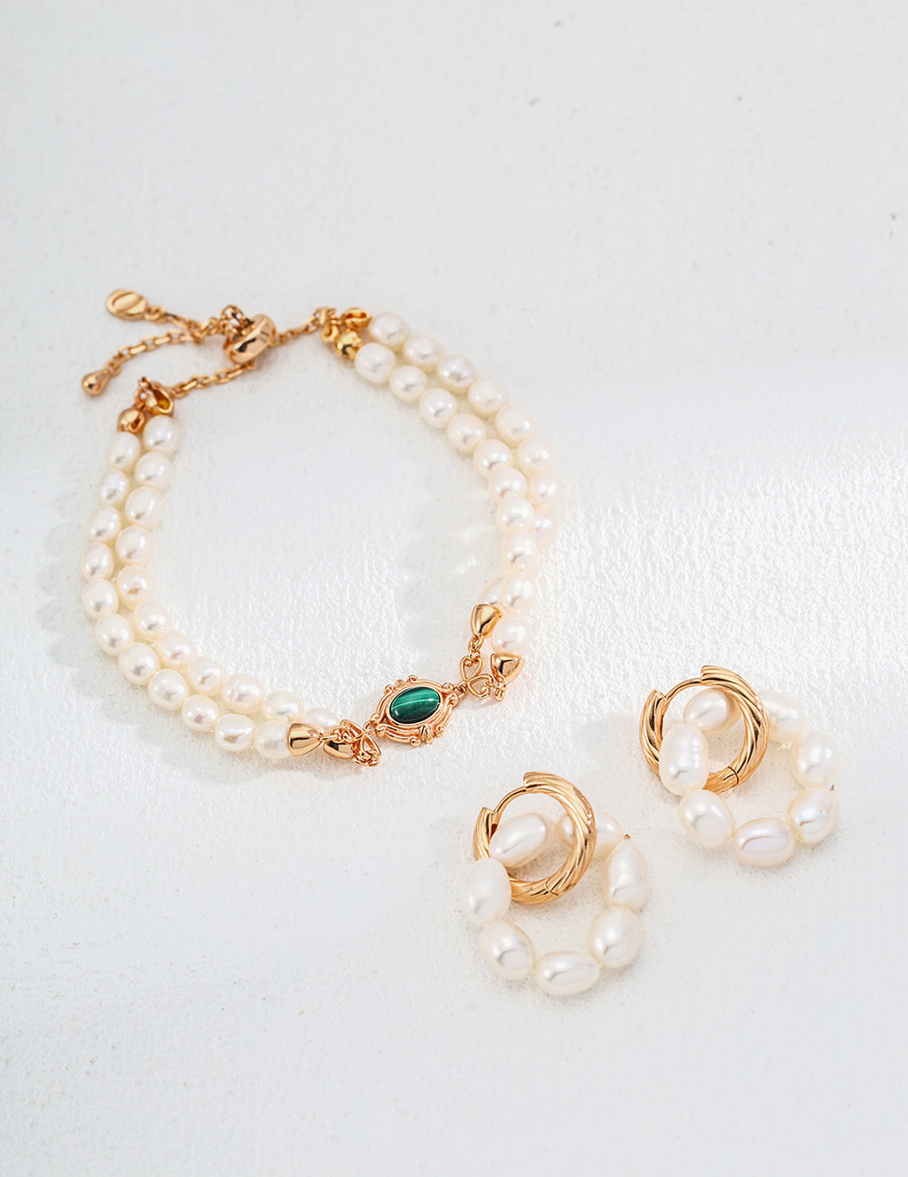 S925 Sterling Silver Freshwater Pearl & Malachite Double Strand Bracelet | Vintage Gold Adjustable Bracelet