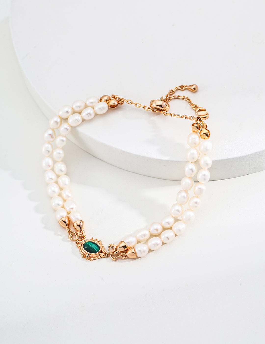 S925 Sterling Silver Freshwater Pearl & Malachite Double Strand Bracelet | Vintage Gold Adjustable Bracelet
