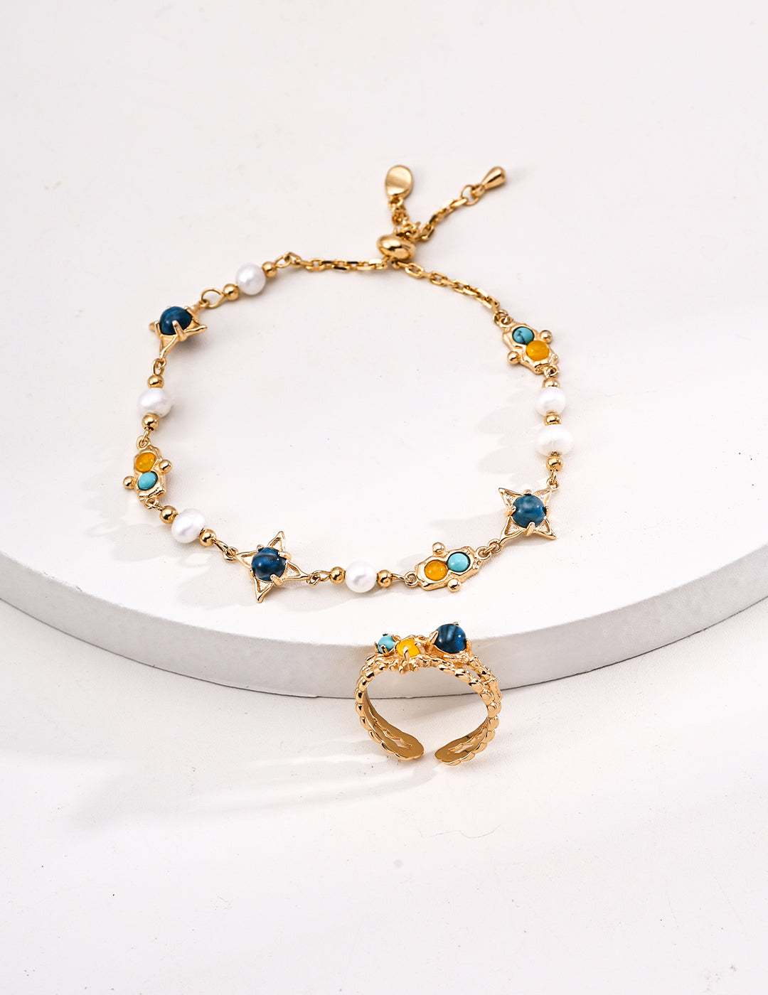 S925 Sterling Silver Natural Pearl Turquoise & Agate Star Bracelet