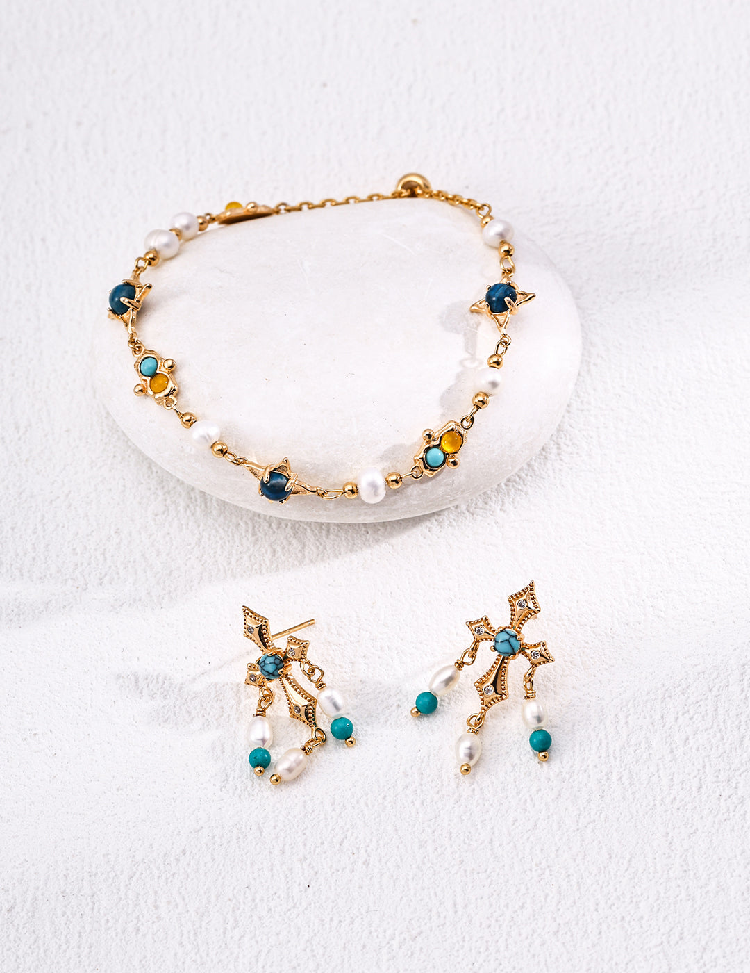 S925 Sterling Silver Natural Pearl Turquoise & Agate Star Bracelet