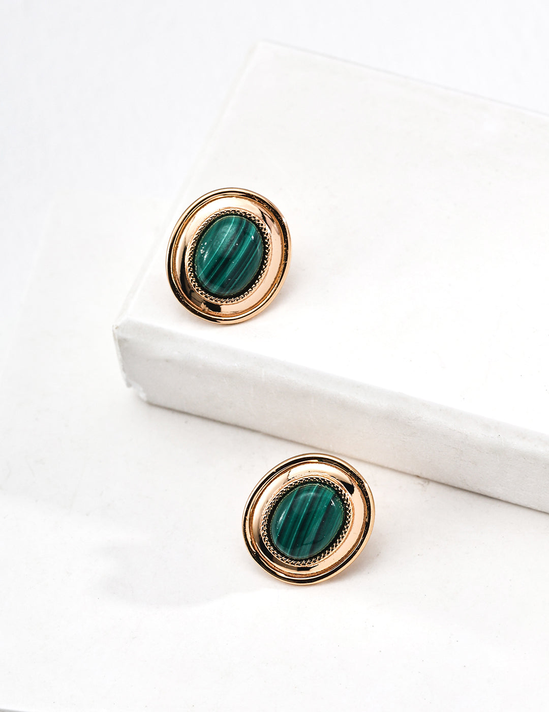S925 Sterling Silver Malachite Stud Earrings | Vintage Round Natural Gemstone Earrings
