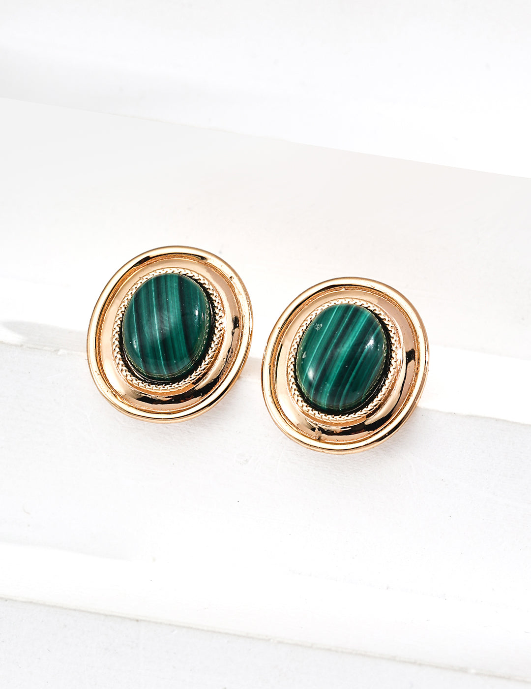 S925 Sterling Silver Malachite Stud Earrings | Vintage Round Natural Gemstone Earrings
