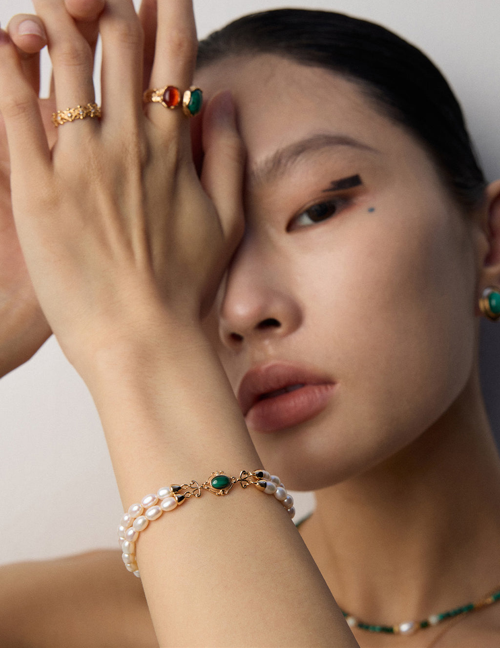 S925 Sterling Silver Freshwater Pearl & Malachite Double Strand Bracelet | Vintage Gold Adjustable Bracelet