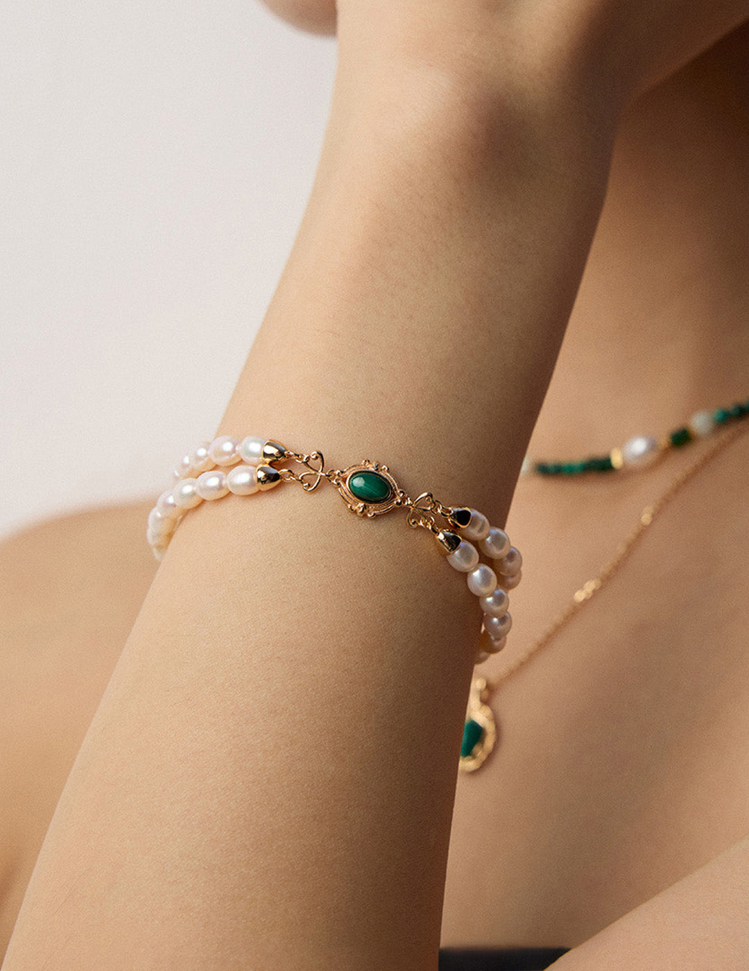 S925 Sterling Silver Freshwater Pearl & Malachite Double Strand Bracelet | Vintage Gold Adjustable Bracelet