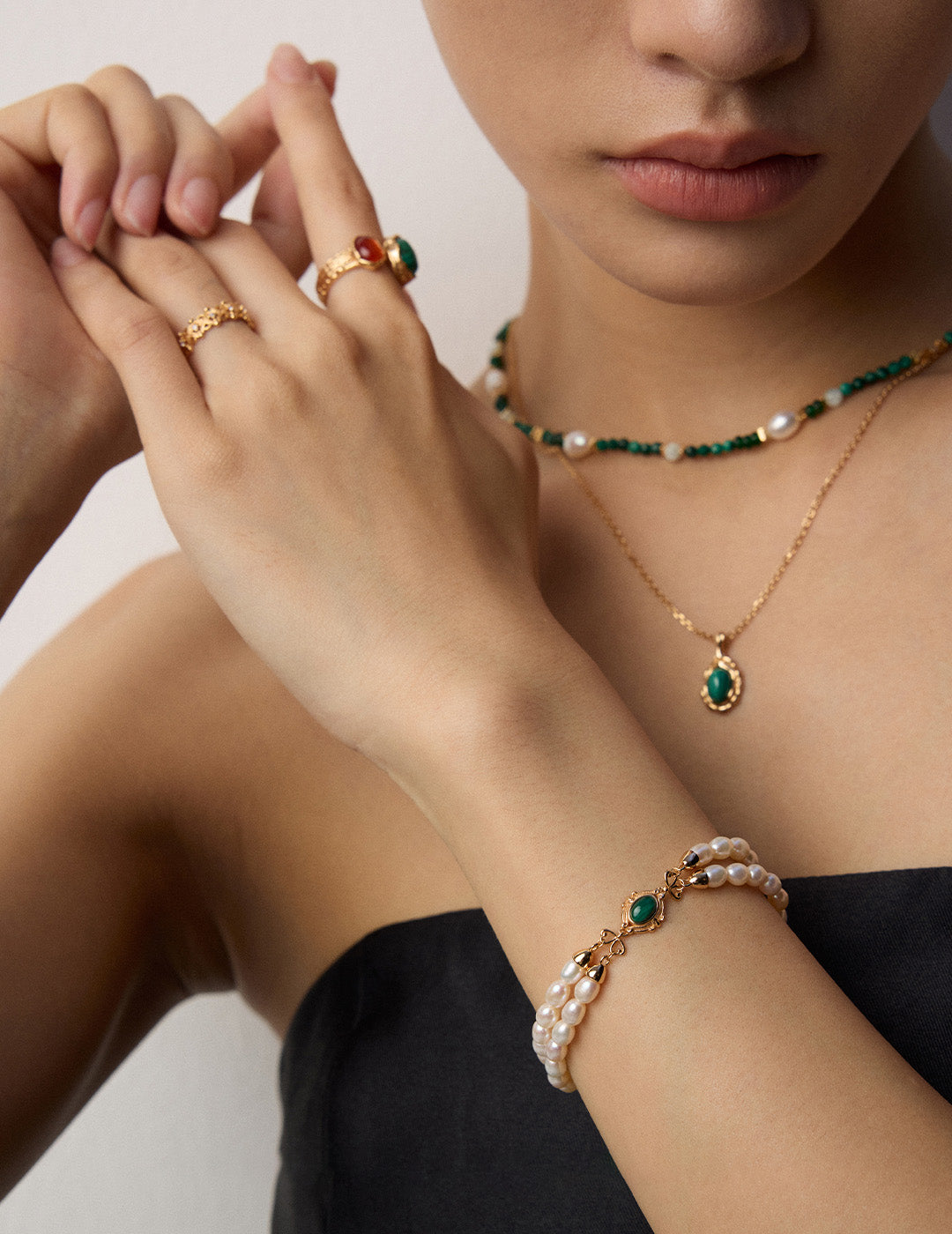 S925 Sterling Silver Freshwater Pearl & Malachite Double Strand Bracelet | Vintage Gold Adjustable Bracelet