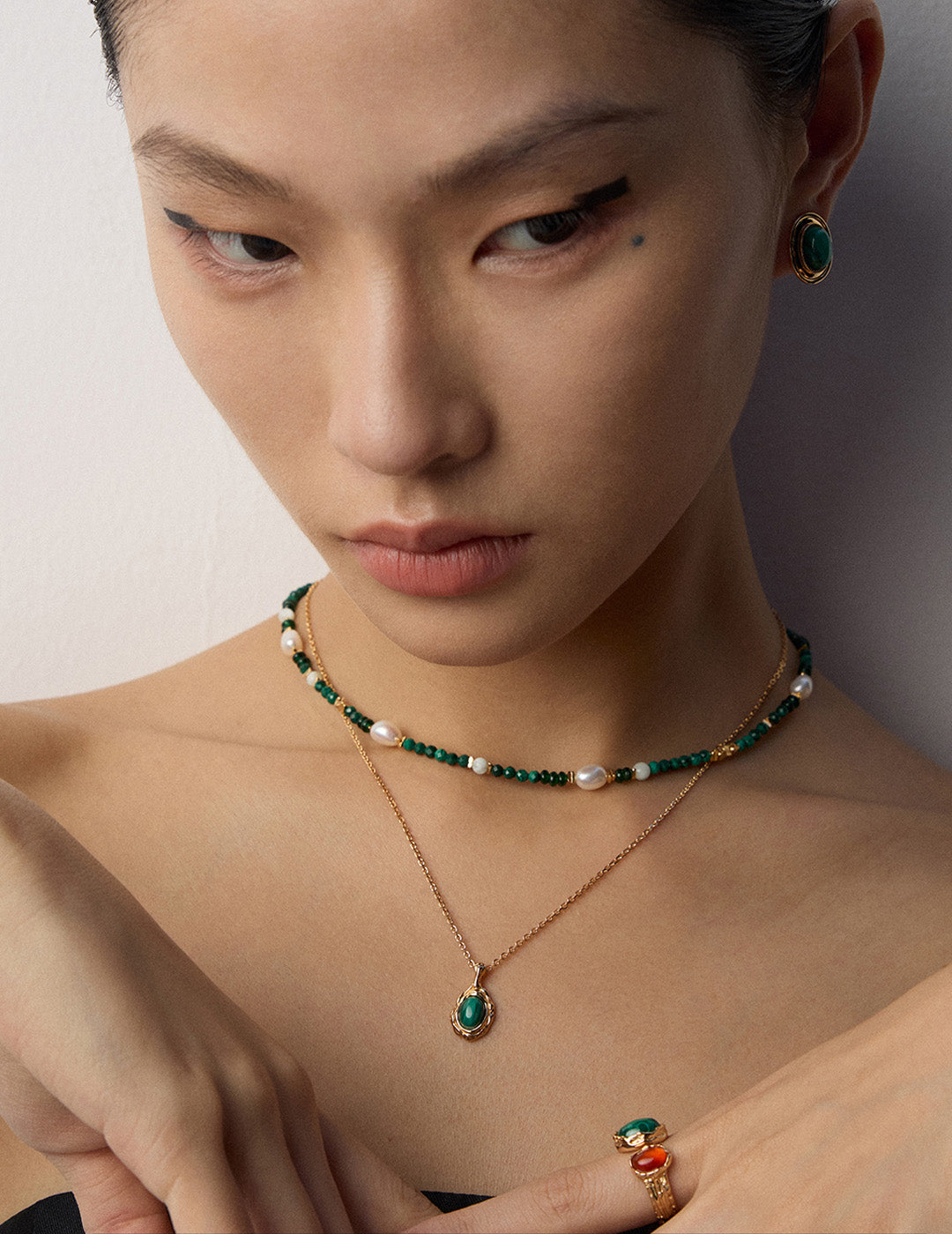 Vintage Malachite & Freshwater Pearl Beaded Choker Necklace | 925 Sterling Silver Adjustable Chain