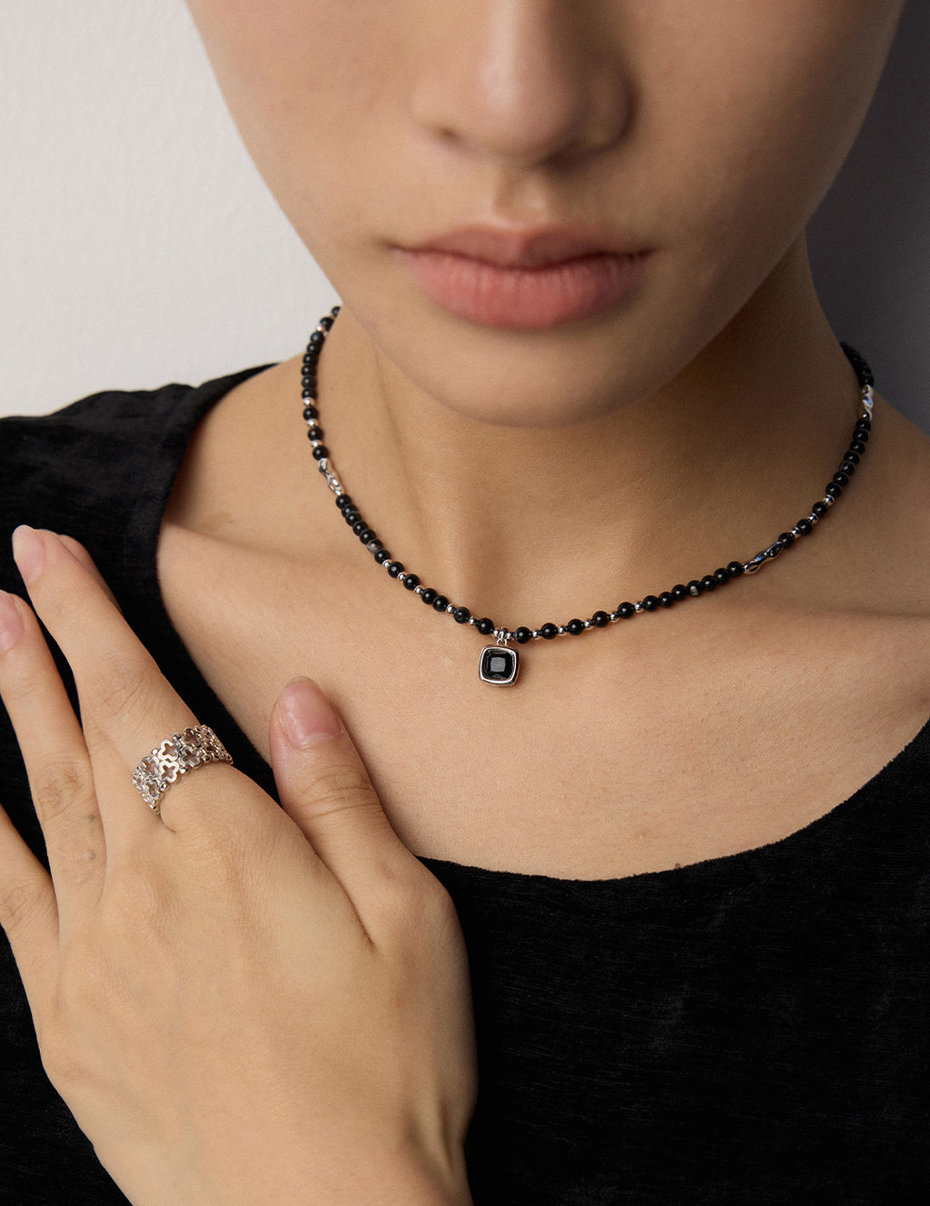 S925 Sterling Silver Black Onyx Beaded Choker Necklace | Adjustable Gemstone Pendant Necklace