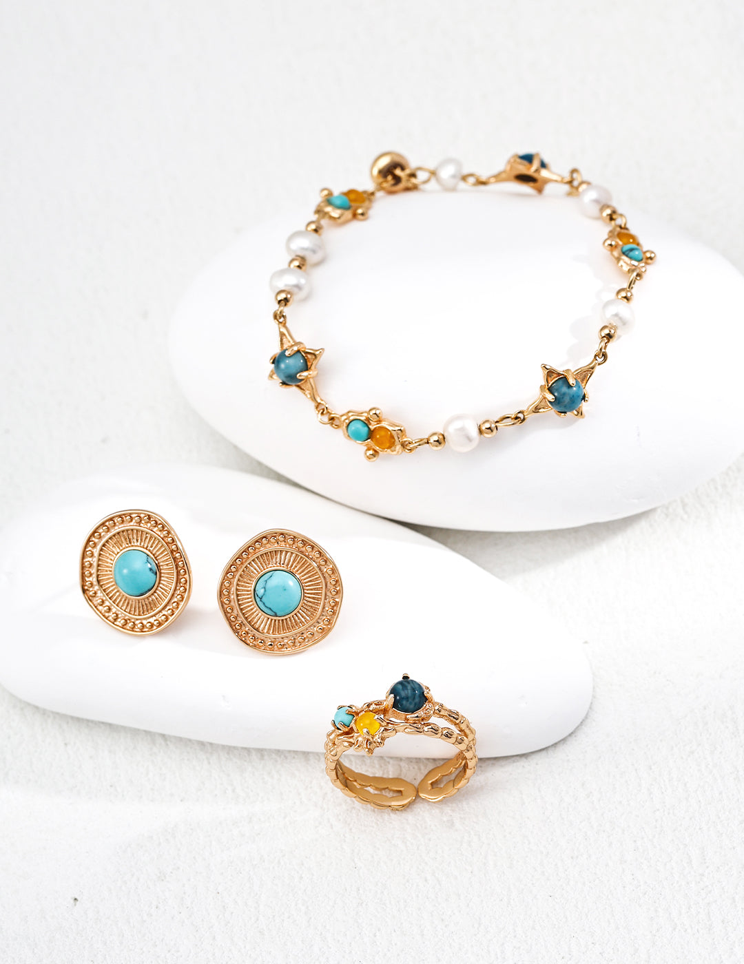 S925 Sterling Silver Vintage Turquoise Stud Earrings | Bohemian Sunburst Gold Tone Earrings