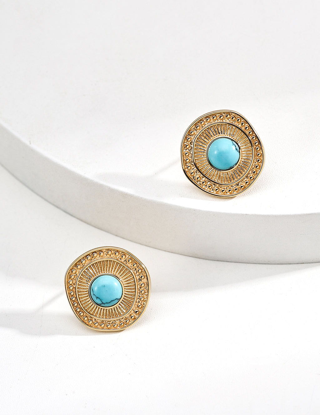 S925 Sterling Silver Vintage Turquoise Stud Earrings | Bohemian Sunburst Gold Tone Earrings