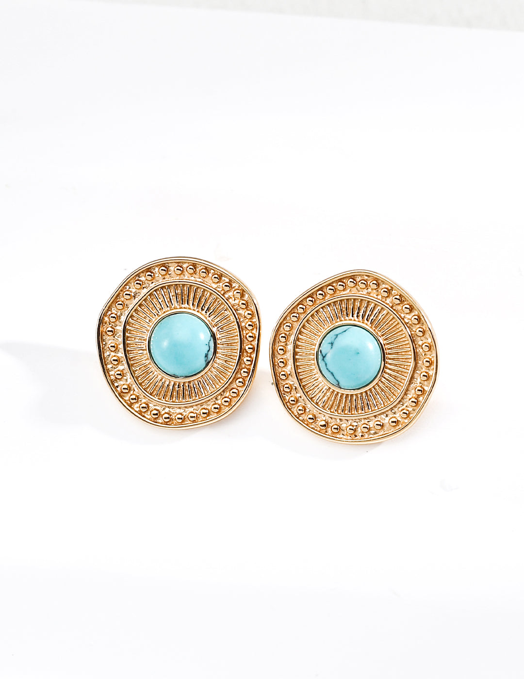 S925 Sterling Silver Vintage Turquoise Stud Earrings | Bohemian Sunburst Gold Tone Earrings