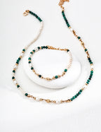 S925 Sterling Silver Natural Pearl & Malachite Beaded Choker Necklace | Vintage Gold Adjustable Beaded Necklace