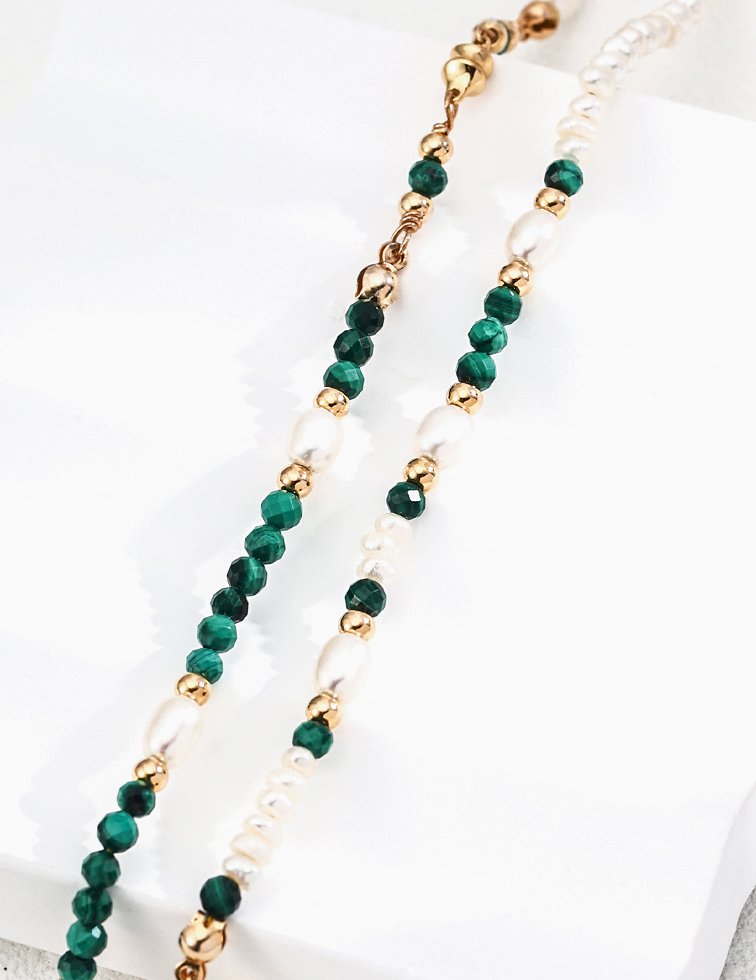 S925 Sterling Silver Natural Pearl & Malachite Beaded Choker Necklace | Vintage Gold Adjustable Beaded Necklace