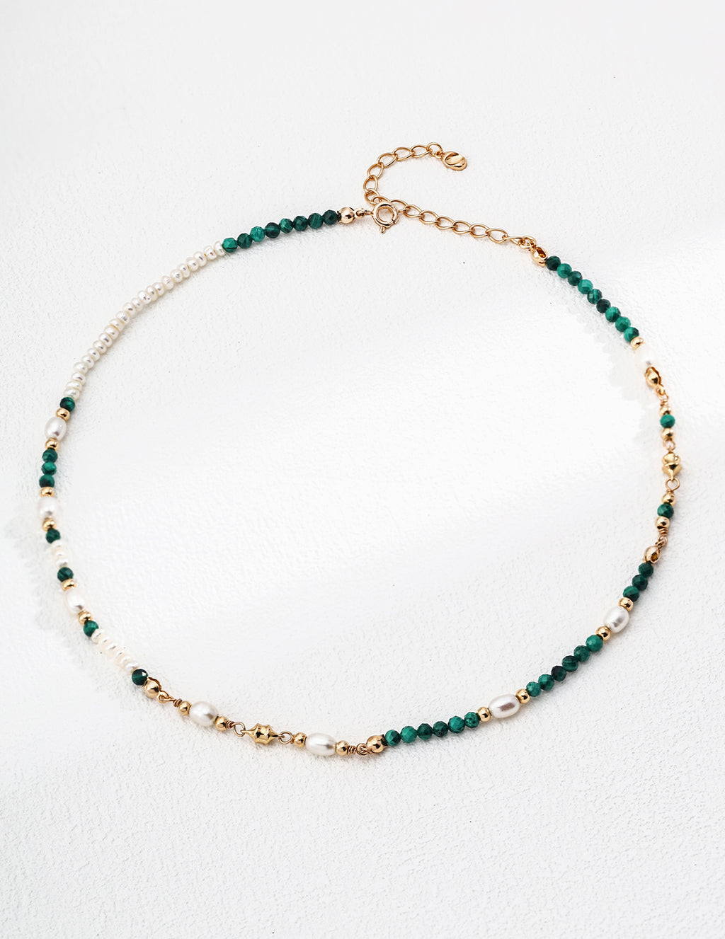 S925 Sterling Silver Natural Pearl & Malachite Beaded Choker Necklace | Vintage Gold Adjustable Beaded Necklace