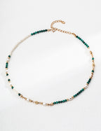 S925 Sterling Silver Natural Pearl & Malachite Beaded Choker Necklace | Vintage Gold Adjustable Beaded Necklace