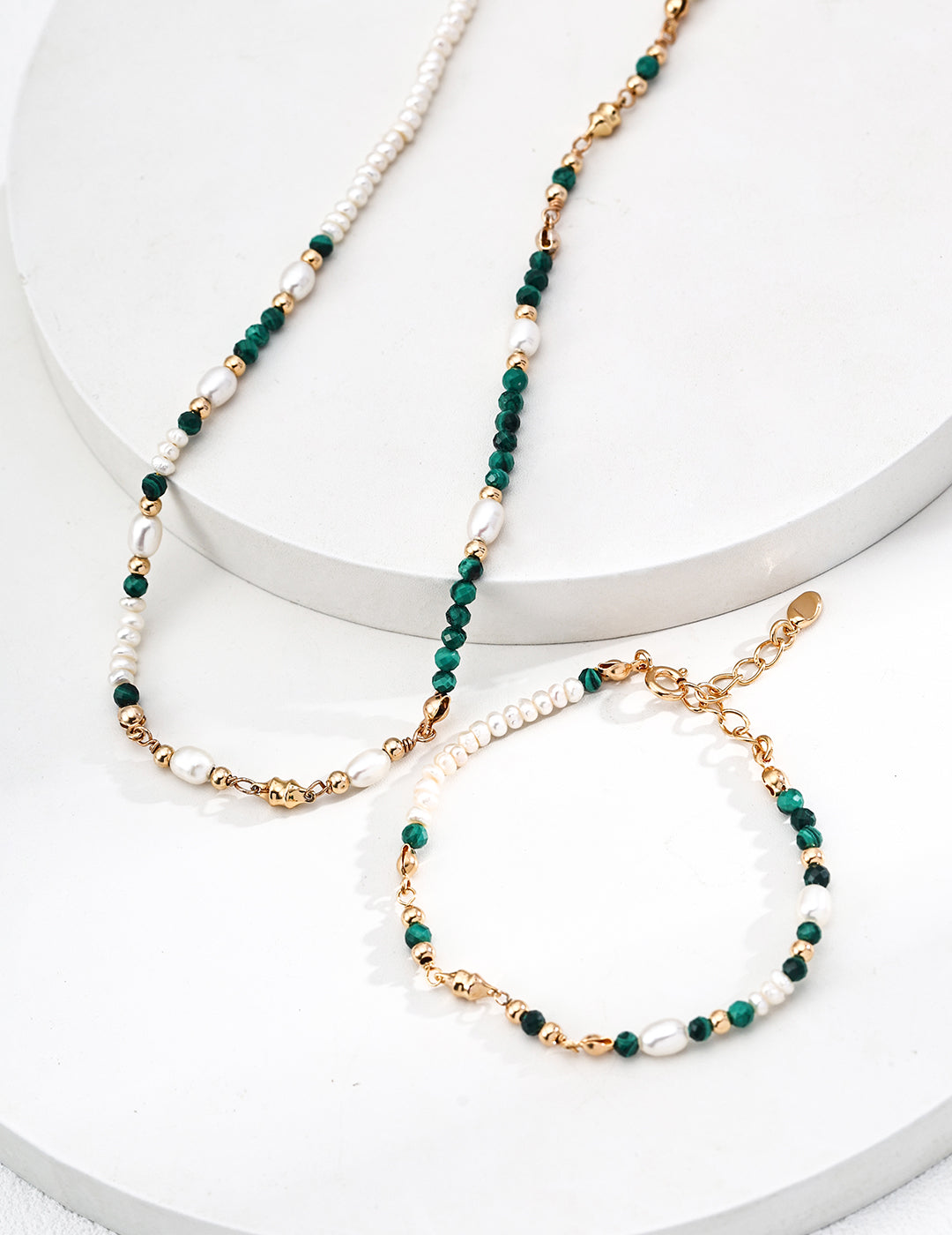 S925 Sterling Silver Natural Pearl & Malachite Beaded Choker Necklace | Vintage Gold Adjustable Beaded Necklace