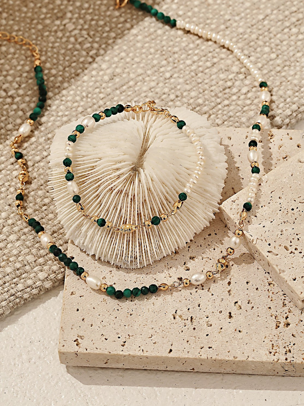 S925 Sterling Silver Natural Pearl & Malachite Beaded Choker Necklace | Vintage Gold Adjustable Beaded Necklace