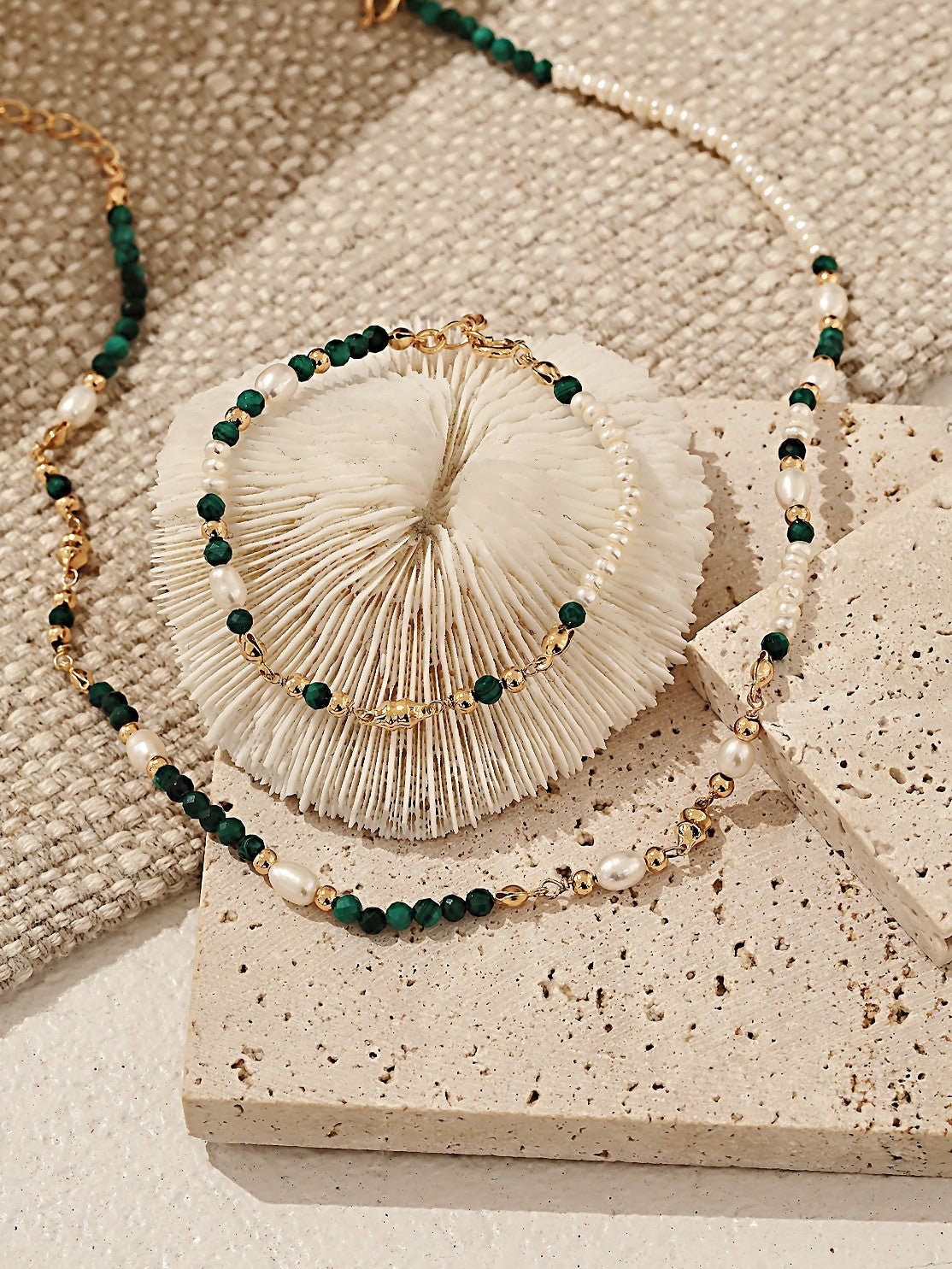 S925 Sterling Silver Natural Pearl & Malachite Beaded Choker Necklace | Vintage Gold Adjustable Beaded Necklace