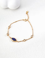S925 Sterling Silver Natural Lapis Lazuli Bracelet | Vintage Gold Adjustable Bracelet with Cubic Zirconia