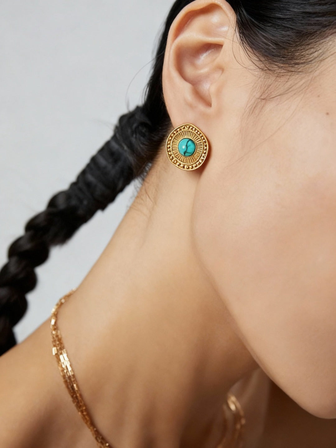 S925 Sterling Silver Vintage Turquoise Stud Earrings | Bohemian Sunburst Gold Tone Earrings