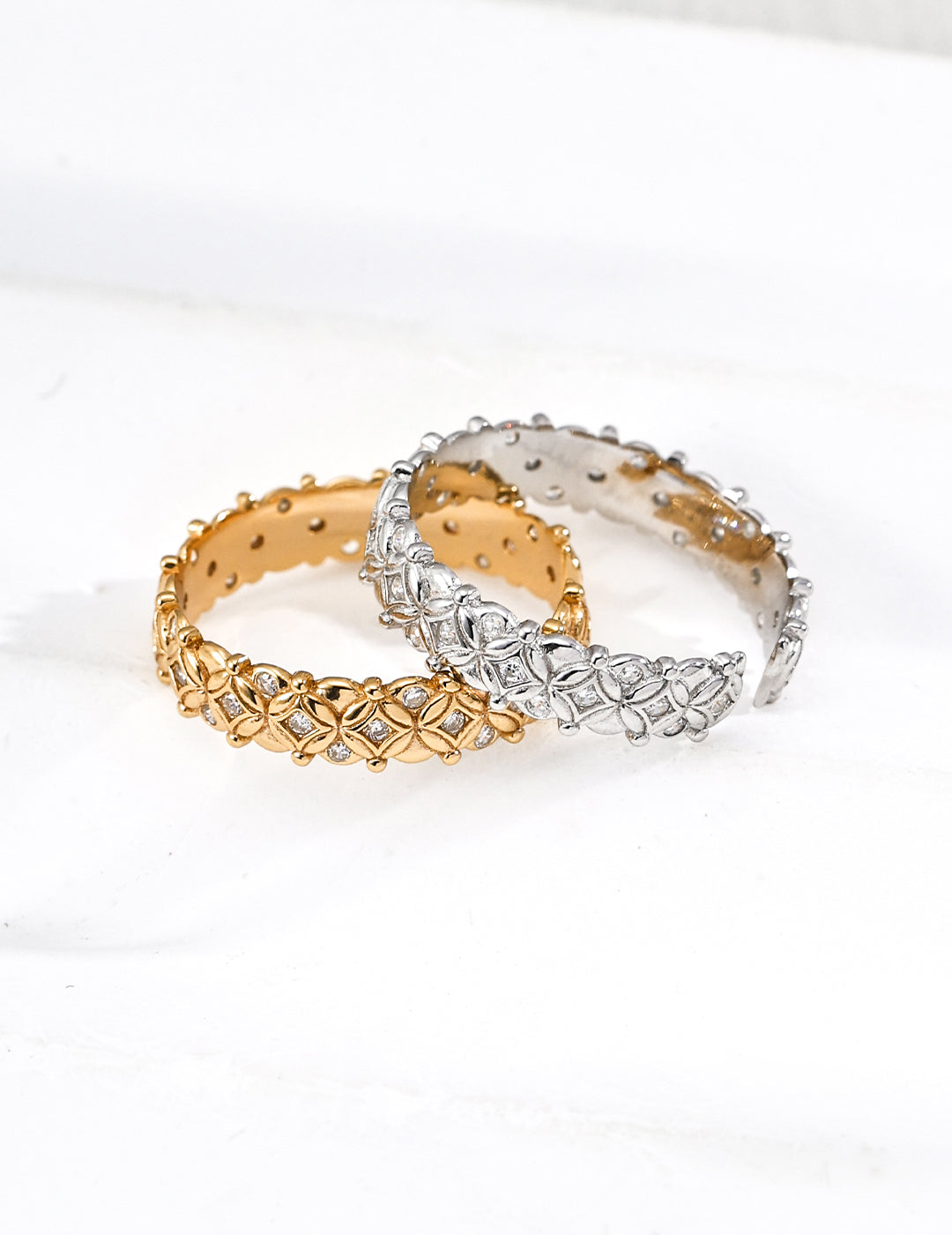 S925 Sterling Silver Vintage Open Band Ring | Oriental Coin Pattern Inlaid CZ Adjustable Ring