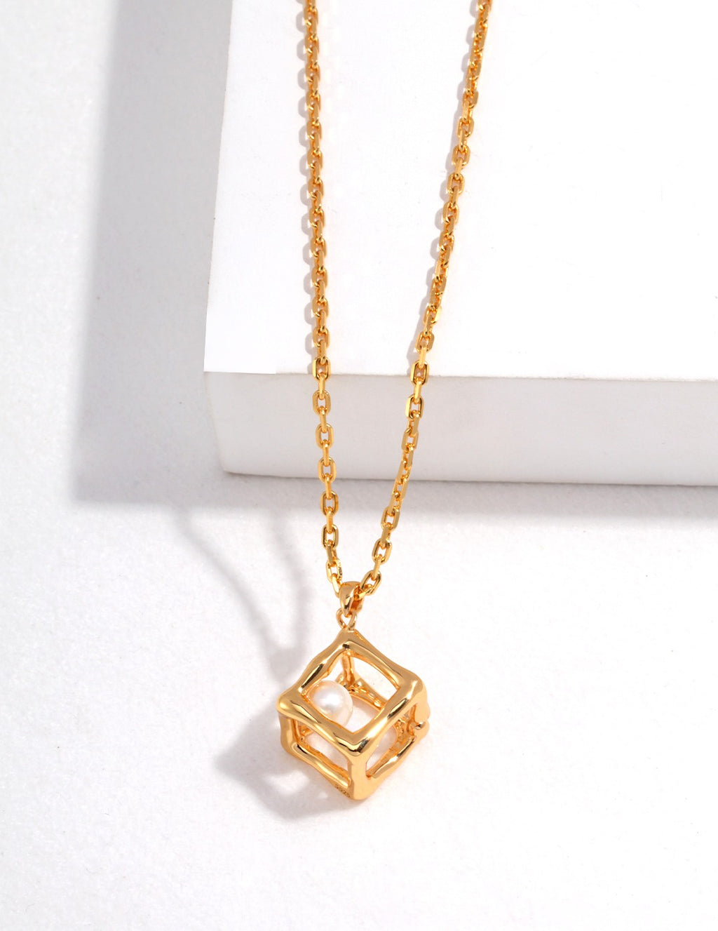 S925 Sterling Silver Geometric Cube Natural Pearl Pendant Necklace