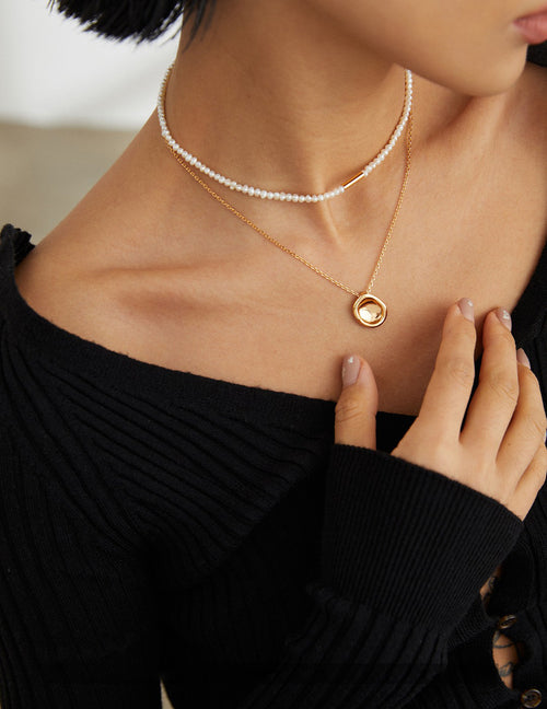 French Vintage Irregular Molten Gold Disc Pendant Necklace