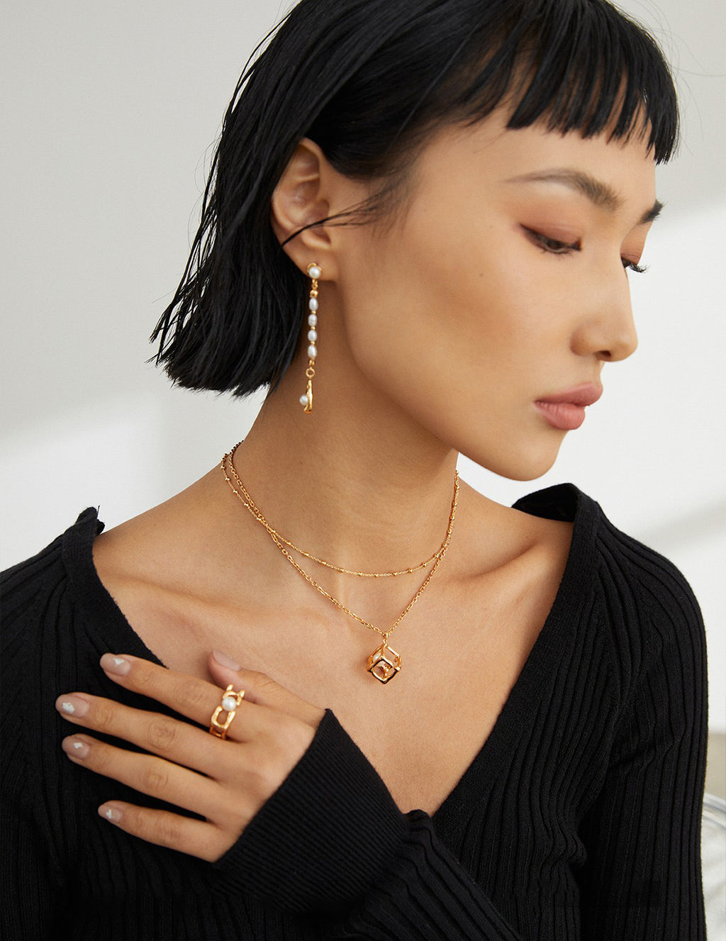 S925 Sterling Silver Geometric Cube Natural Pearl Pendant Necklace