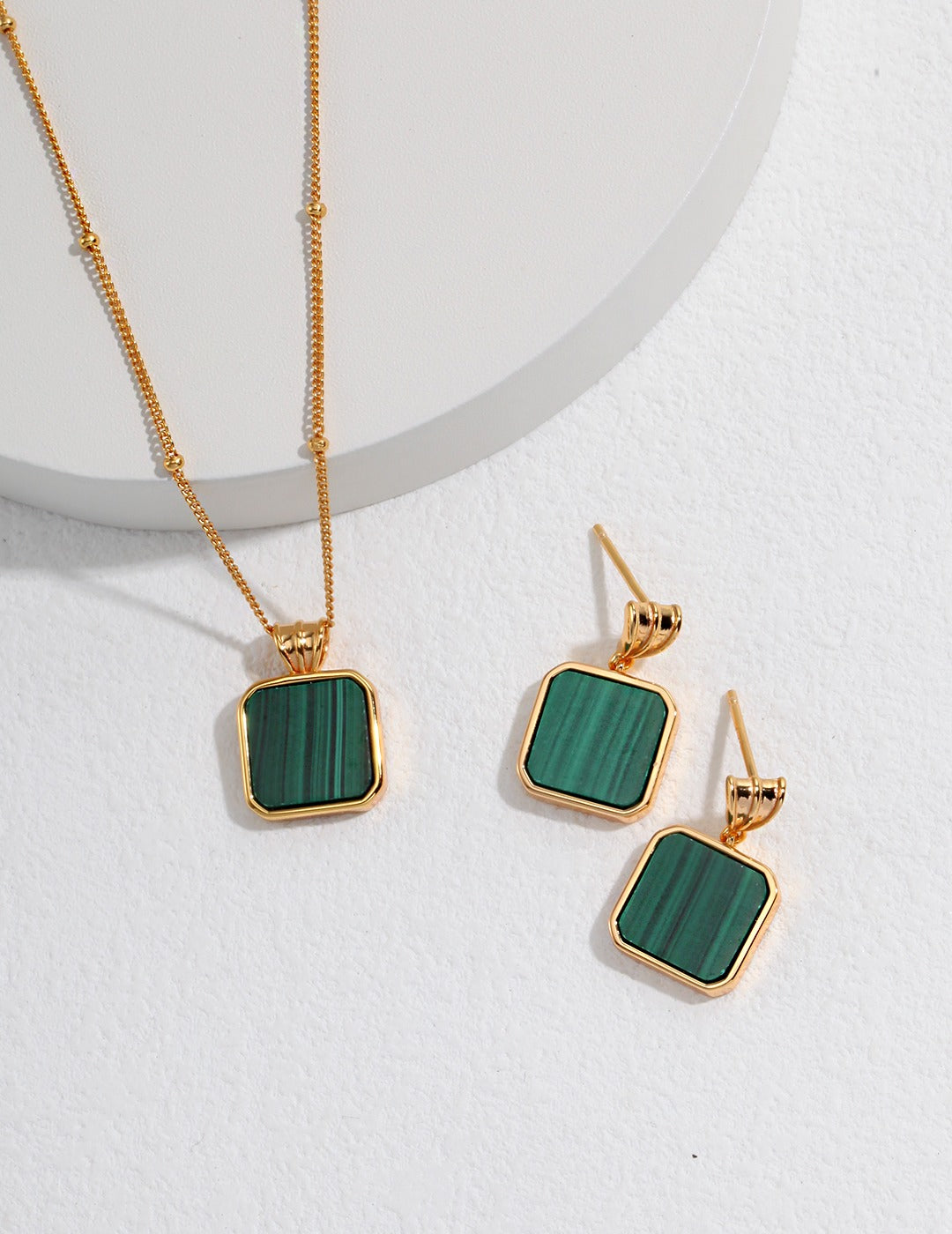 S925 Sterling Silver Natural Malachite Square Pendant Necklace