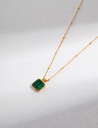 S925 Sterling Silver Natural Malachite Square Pendant Necklace