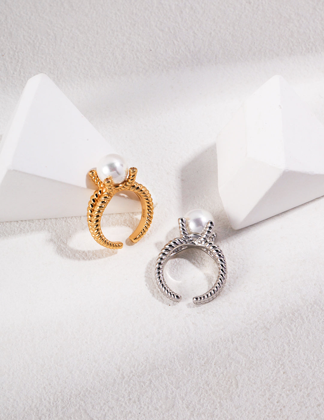 Twisted Band Pearl S925 Sterling Silver Adjustable Open Ring