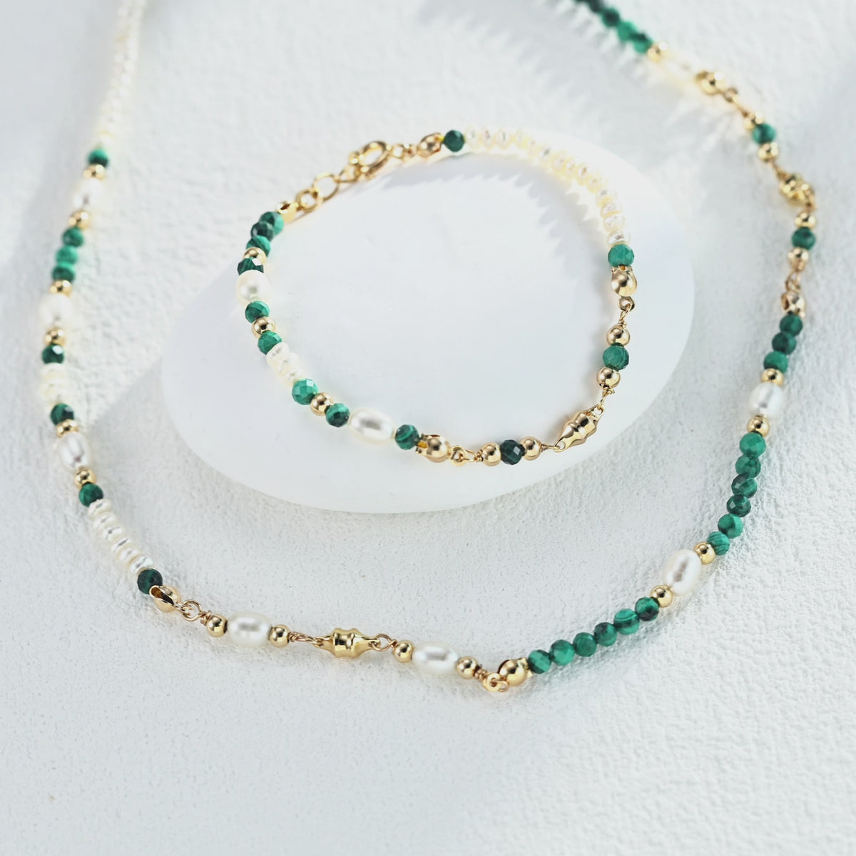 S925 Sterling Silver Natural Pearl & Malachite Beaded Choker Necklace | Vintage Gold Adjustable Beaded Necklace