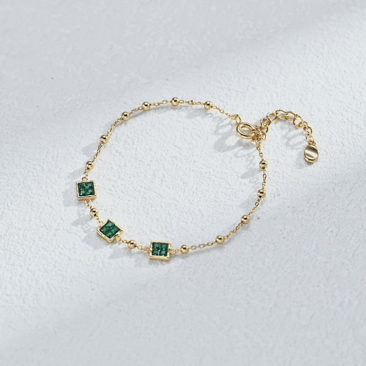 S925 Sterling Silver Square Green Cubic Zirconia Beaded Bracelet | Vintage Gold Adjustable Bracelet