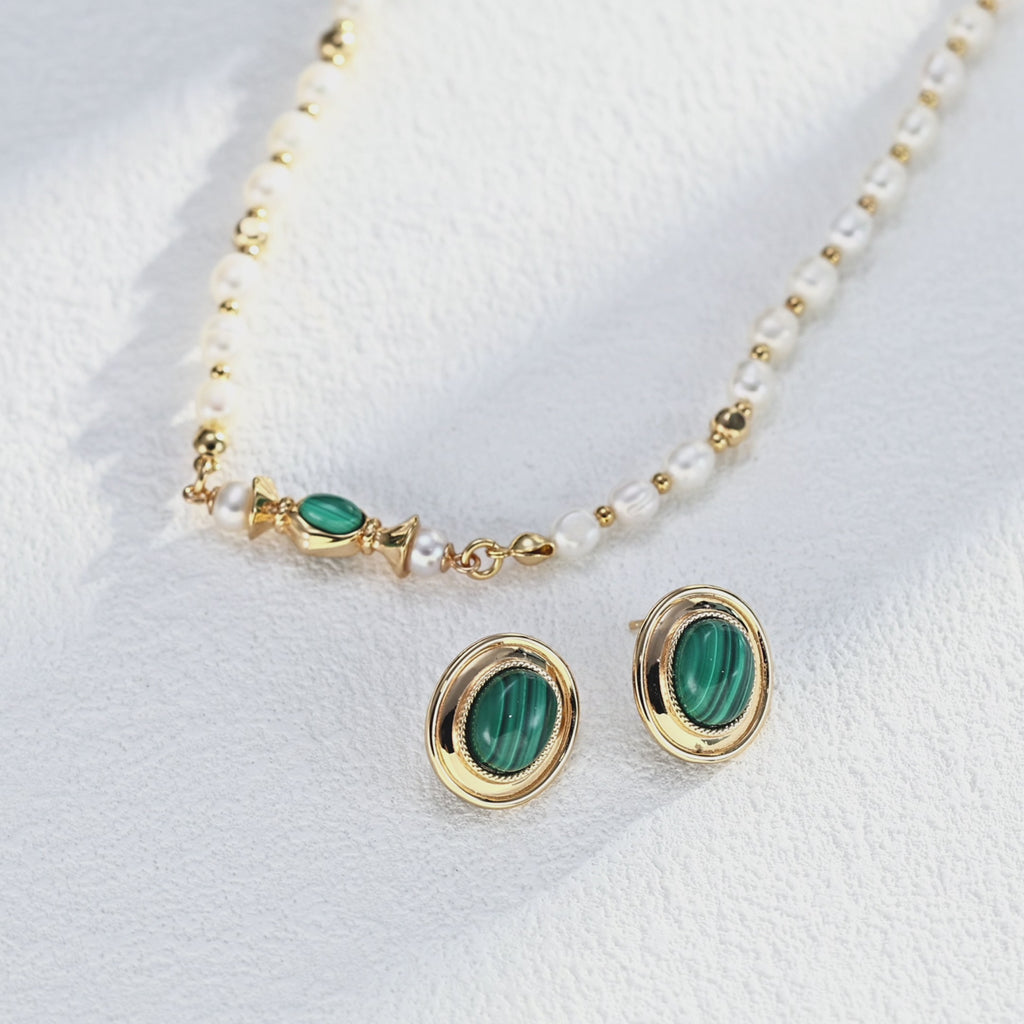 S925 Sterling Silver Malachite Stud Earrings | Vintage Round Natural Gemstone Earrings