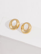 S925 Sterling Silver Mother of Pearl Oval Stud Earrings | Vintage Gold Retro Earrings