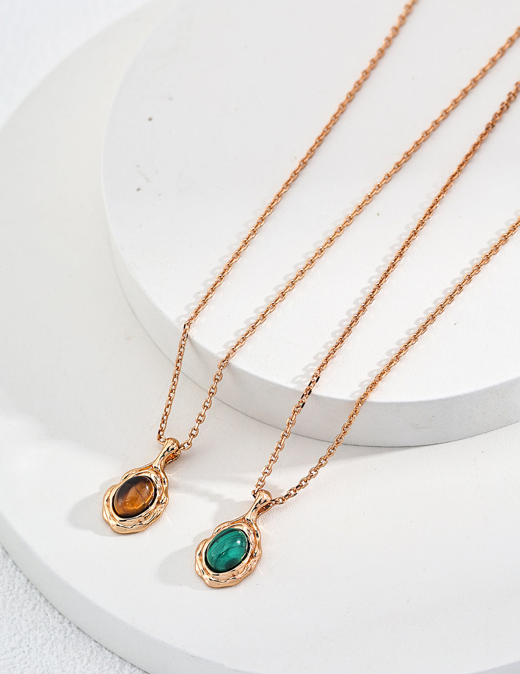 S925 Sterling Silver Natural Gemstone Pendant Necklace | Vintage Gold Bezel Set Malachite & Tiger's Eye Adjustable Necklace